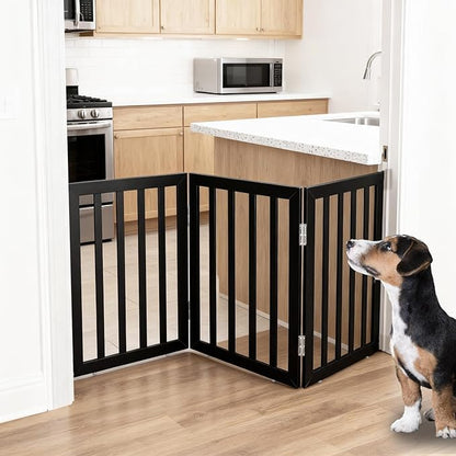 ZJSF Freestanding Indoor Dog Gate for House Foldable Wood Black Puppy Gate for Doorways Pet Gate for Stairs Extra Wide Pet Fence 24" Height 3 Panels