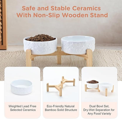 SPUNKYJUNKY Elevated Dog Bowls Ceramic, 5.1'' Dogs and Cat Food Water Bowls Raised with Non-Slip Bamboo Stand for Puppy Small Sized Breed Microwave Dishwasher Safe - 13.5 OZ,Skull White