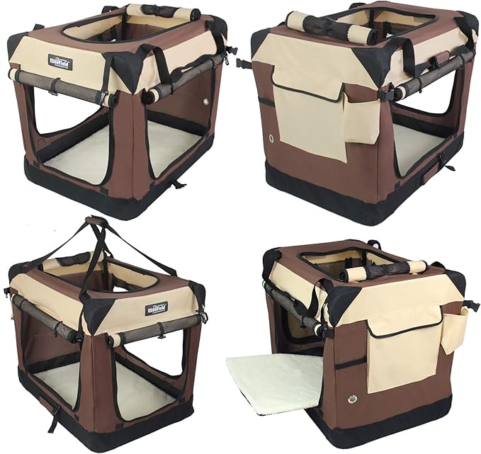 EliteField 4-Door Folding Soft Dog Crate with Curtains, Carrying Bag and Fleece Bed (2 Year Warranty), Indoor & Outdoor Pet Home (30" L x 21" W x 24" H, Brown+Beige)