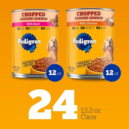 Pedigree Chopped Ground Dinner Wet Dog Food Chicken & Beef Variety Pack, Canned Dog Food, 13.2 oz. Cans (24 Count, Pack of 1)