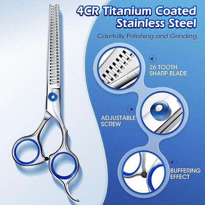 Gimars Professional 5 in 1 Grooming Scissors for Dogs 4CR with Safety Round Tip, Heavy Duty Titanium Coated Straight & Thinning & Curved Shears