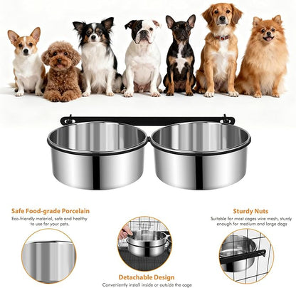 Dog Crate Water Bowls 2Pack, 40oz Stainless Steel Dual Hanging Pet Bowls, Wall-Mounted Dog Food & Water Feeder, Elevated Non-Spill Kennel Bowl Set for Medium & Large Dogs and Cats