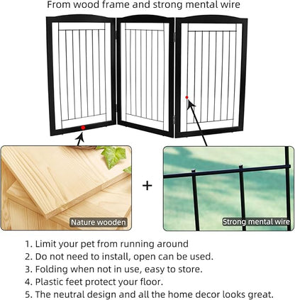 ZJSF Freestanding Foldable Dog Gate for House Extra Wide Wooden Black Puppy Gate Stairs Dog Gates Doorways Tall Pet Gate 3 Panels Pet Fence