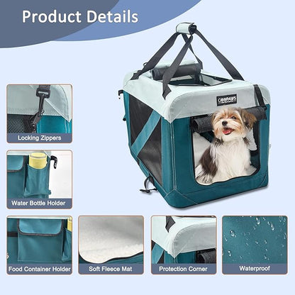JESPET Soft Dog Crates Kennel for Pets, 3 Door Soft Sided Folding Travel Pet Carrier with Straps and Fleece Mat for Dogs, Cats (8-Teal Blue, Small(24" L x 16.5" W x 16.5" H))
