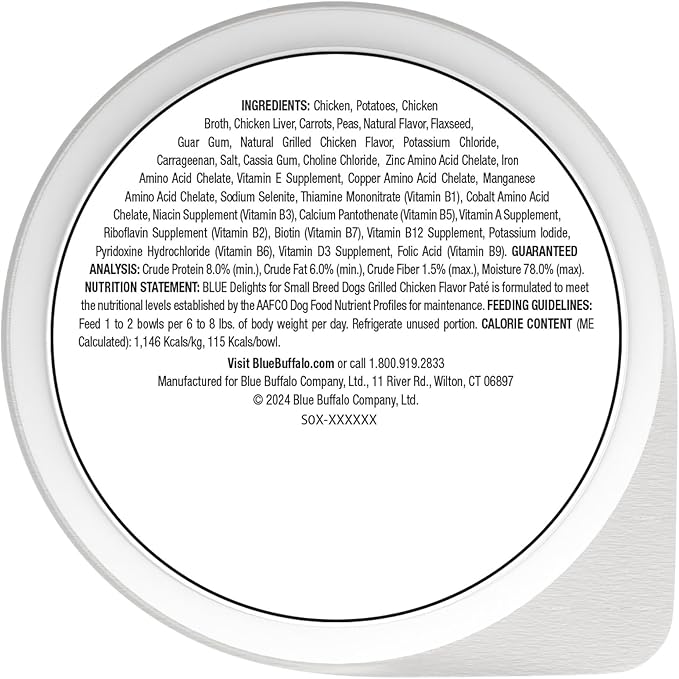 Blue Buffalo Delights Natural Adult Small Breed Wet Dog Food Cups, Pate Style, Grilled Chicken Flavor in Savory Juice 3.5-oz (Pack of 12)