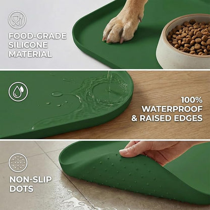 BLESWIN Non-Slip Silicone Dog Food Mat for Food and Water, 18" x 12" Raised Edge Pet Feeding Mat - Waterproof Dog Bowl Mat Easy Clean for Floor Protector,Dark Green