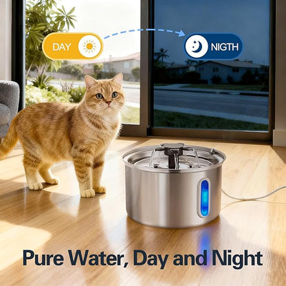 3L/101oz Stainless Steel Cat Water Fountain for Indoor Use - Ultra Quiet Automatic Cat Fountain for Drinking, Pet Water Foutain for Cat with LED Window, Easy to Clean (8 Filters & 8 Sponges)