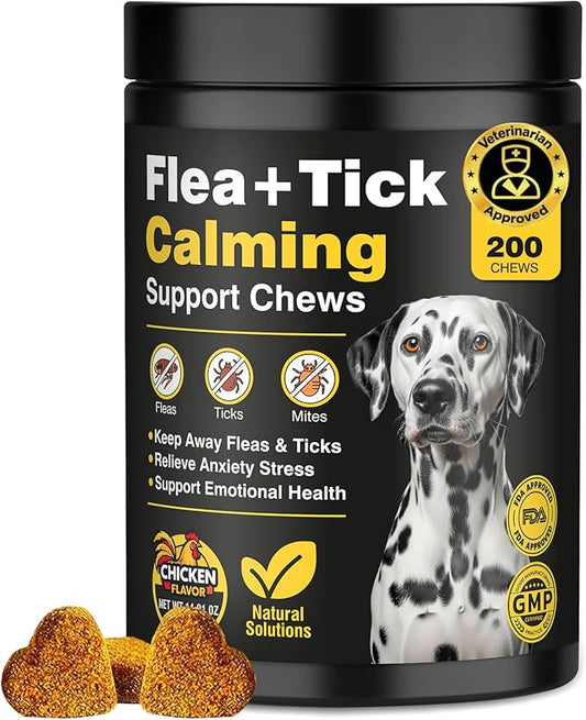 Dog Flea and Tick Treatment Chewable with Calming Supplements 200 Count Oral Fleas Ticks Chewables Support Suitable for All Breeds Ages Reduces Anxiety, Itch, and Sleep Support - Chicken Flavor