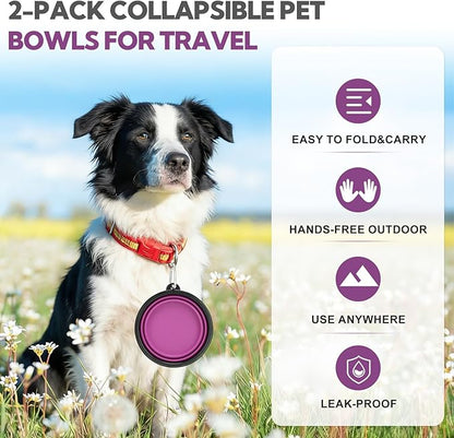 Collapsible Dog Bowl Large 2 Pack, Dog Water Bowls for Travels, Portable Foldable Pet Bowls Feeding Watering Dish for Parking Walking Camping with 2 Carabiners Clip (34oz, Large, Grey+Purple)