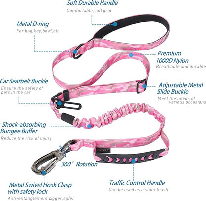 Hotsky Tactical Dog Leash Heavy Duty for Medium Large Dogs that Pull,4-6Ft Strong Bungee Shock Absorbing No Pull Dog Leash with Padded Double Handle and Car Seatbelt,Pink Camo