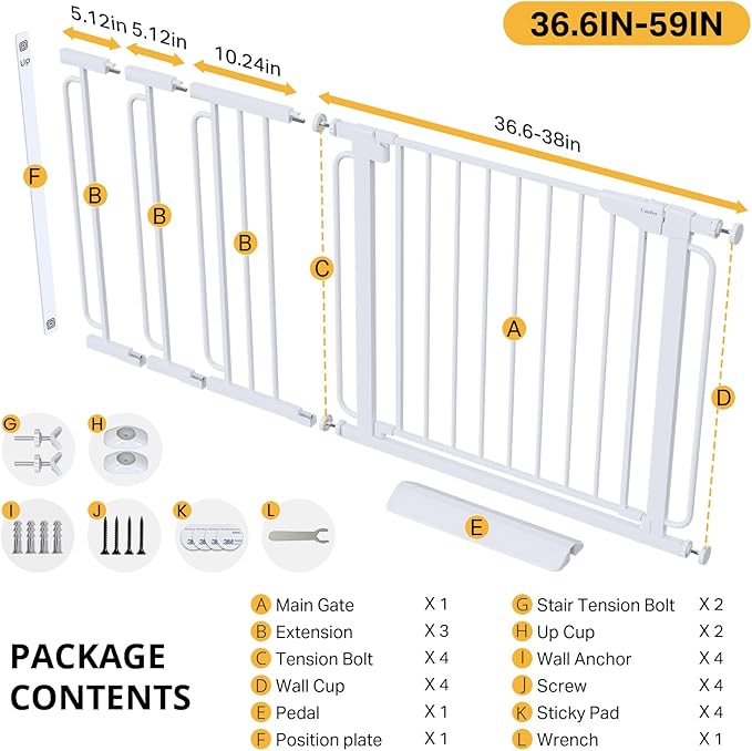 Cumbor 36.6-59" Extra Wide Baby Gate for Stairs, Pressure Mounted Dog Gate for Doorways, Auto-Close Easy Walk Through Safety Child Gate for Kids Toddler, Tall Pet Gates Indoor, White