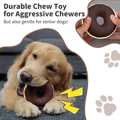 Dog Toys for Aggressive Chewers, Indestructible Squeaky Chew Toy to Keep Them Busy, Interactive Rubber Donut with Milk Flavor & Bounce, Teeth Cleaning for Small Medium Large Breed, Brown