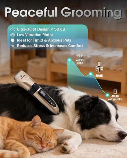 M&M STAR Dog Grooming Kit, Low Noise Dog Clippers, 2-Speed IPX7 Waterproof, Rechargeable Cordless Pet Hair Clippers Trimmer Shaver with LED Display for Small Large Dogs Cats, Gold