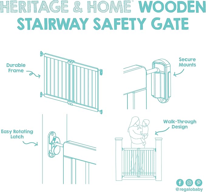 Regalo Safety 23.5"-42" Heritage & Home Wooden Baby Gate for Stairs & Doorways, Walk Through Stair Gate with Door for Babies, Toddlers, & Pets, American Designed and Owned