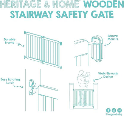 Regalo Safety 23.5"-42" Heritage & Home Wooden Baby Gate for Stairs & Doorways, Walk Through Stair Gate with Door for Babies, Toddlers, & Pets, American Designed and Owned