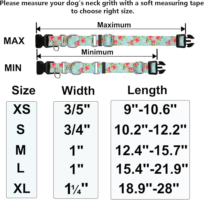 Martingale Collar for Dogs with Buckle Pink Floral Dog Collar No Pull Cute Girl Female Dog Collars for Extra Small Dogs, Green Rose