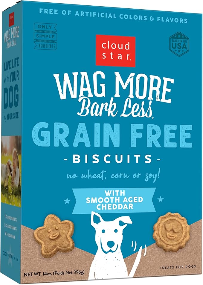 Cloud Star Wag More Bark Less Crunchy Grain Free Dog Treats, Cheddar Cheese, 14 oz. Box