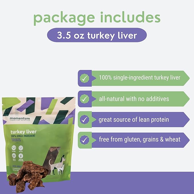 Momentum Carnivore Nutrition Freeze-Dried Turkey Liver Dog Treats & Cat Treats – Single-Ingredient, High-Protein, Grain-Free, Naturally Flavorful & Lean – Made in USA – 3.5 oz Bag