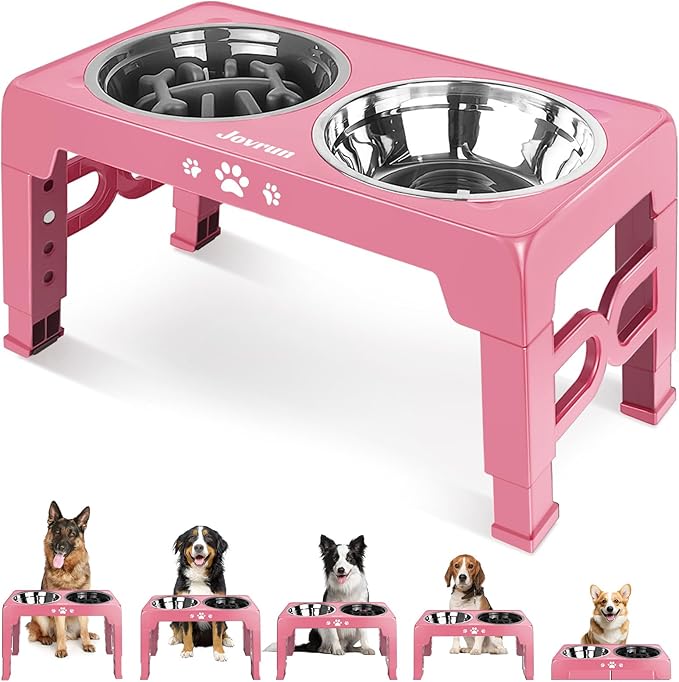 Jovrun Elevated Dog Bowls for Medium Large Size Dogs, Non-Slip Dog Feeder with 1*Stainless Steel Dishes & 1*Slow Feeder Bowl, 5 Heights Adjustable Raised Bowls to 3.15″-8.66″-9.84″-11.02″-12.2″