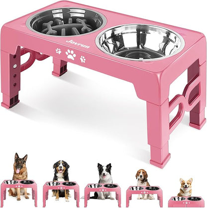Jovrun Elevated Dog Bowls for Medium Large Size Dogs, Non-Slip Dog Feeder with 1*Stainless Steel Dishes & 1*Slow Feeder Bowl, 5 Heights Adjustable Raised Bowls to 3.15″-8.66″-9.84″-11.02″-12.2″