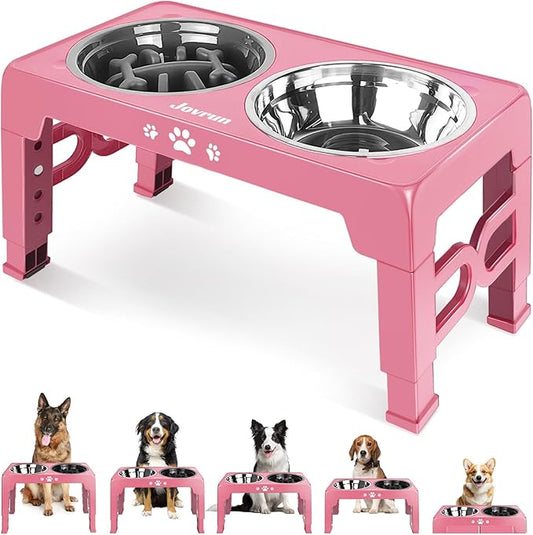 Jovrun Elevated Dog Bowls for Medium Large Size Dogs, Non-Slip Dog Feeder with 1*Stainless Steel Dishes & 1*Slow Feeder Bowl, 5 Heights Adjustable Raised Bowls to 3.15″-8.66″-9.84″-11.02″-12.2″