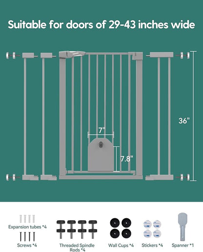 Babelio 36" Tall Auto Close Baby Gate with Cat Door,29-43" Metal Gate for Doorway,Stairs,House,Easy Walk Thru with pet Door,Includes 4 Wall Cups and 3 Extension Pieces,Gray