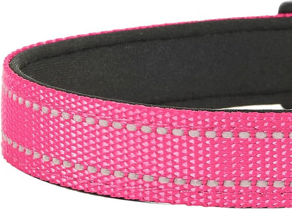 Reflective Dog Collar, Adjustable Soft Neoprene Padded Nylon Pet Collars with Buckle for Small Dogs, Hotpink,S