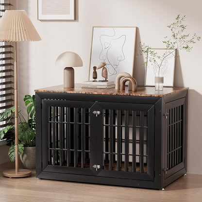 Snuowu 48" Heavy Duty Dog Crate Furniture for Small,Medium and Large Dogs,Rustic Wooden Dog Cage Kennel Indoor Furniture with Waterproof Top,Decorative Pet House Side End Table (Black & Wood)