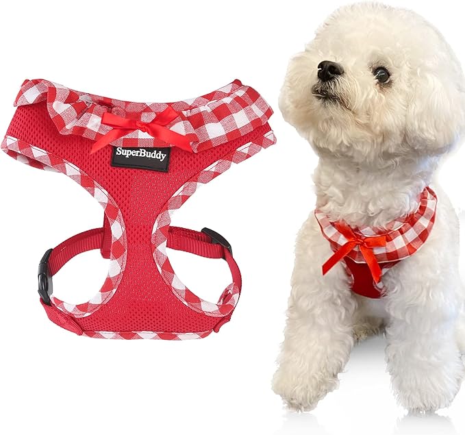 SuperBuddy Upgraded Soft Mesh Dog Harness, Super Breathable Lightweight Pet Harnesses for Puppy Dogs Outdoor Walking, Red Dog Harness -Large