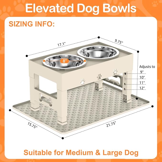 LAKIPETN Elevated Dog Bowls with Mat, Raised Dog Food Bowl Stand with 2 Stainless Steel Bowls, 5 Height Adjustable (3.1", 9", 10", 11", 12") Non-Slip Feeder Set for Medium and Large Dogs – Apricot