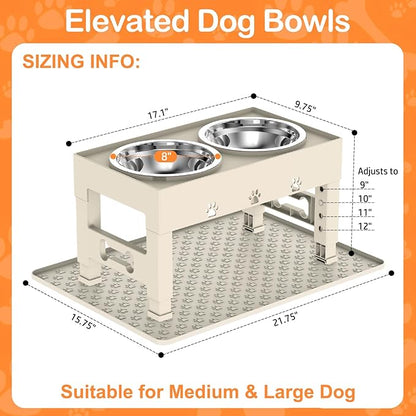 LAKIPETN Elevated Dog Bowls with Mat, Raised Dog Food Bowl Stand with 2 Stainless Steel Bowls, 5 Height Adjustable (3.1", 9", 10", 11", 12") Non-Slip Feeder Set for Medium and Large Dogs – Apricot