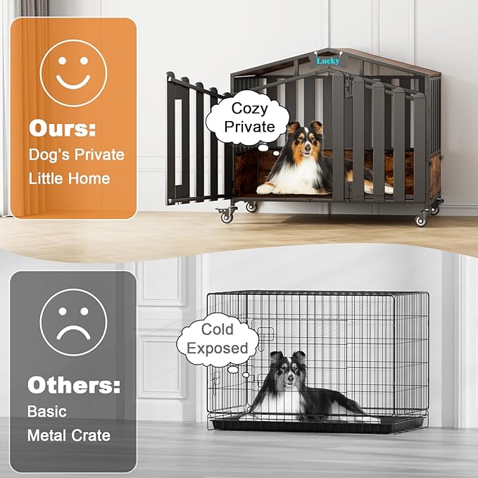 EasyCom 41“ XL Heavy Duty Dog Crate Furniture, Dogs Kennel Indoor with 360° Wheels, Dog Crates for Medium Dogs(35-60lb), Wooden Dog Cage with Feeding Window and Name Tag, Dog House, Rustic Brown