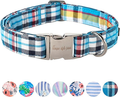 Unique Style Paws Metal Buckle Blue Plaid Collar - Durable & Cute for Small to Large Dogs