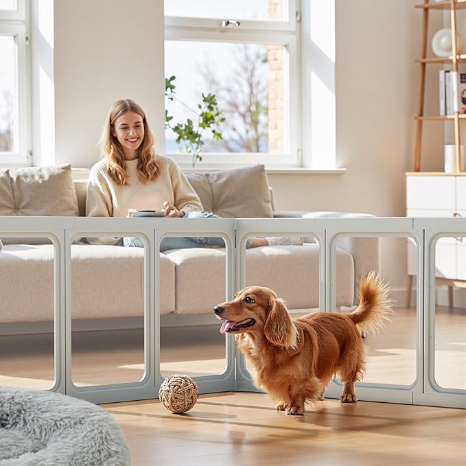 Clear Acrylic Dog Playpen - 50 x 50 Inch, 24" H 12 Planes Transparent Dog Fence Indoor, Sturdy Pet Pen for Puppy/Small Dog/Rabbit/Pig, Easy Assemble & Cleaning Plastic Whelping Box Enclosure, Grey