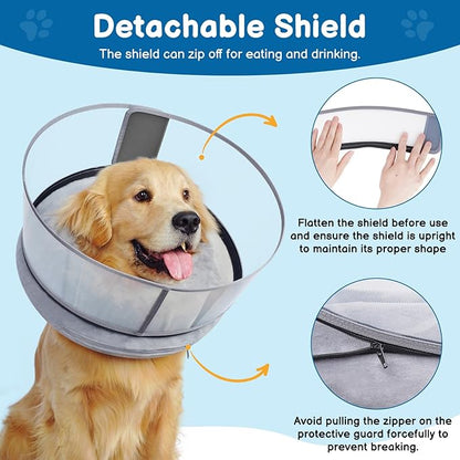 BARKLESS Dog Donut Collar, 2-in-1 Inflatable Dog Collars for After Surgery to Stop Licking Wounds, Patented Protective Donut Cone with Higher Shield for Large Pets (Grey, L-Long)