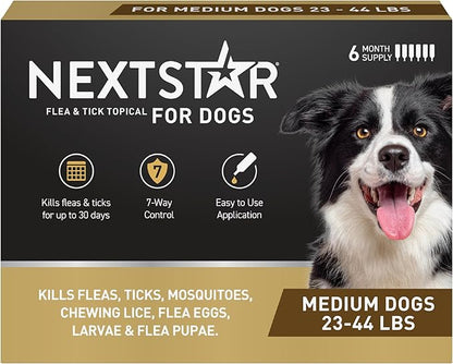 NEXTSTAR Flea and Tick Prevention for Dogs, Repellent, and Control, Fast Acting Waterproof Topical Drops for Medium Dogs, 6 Monthly Doses