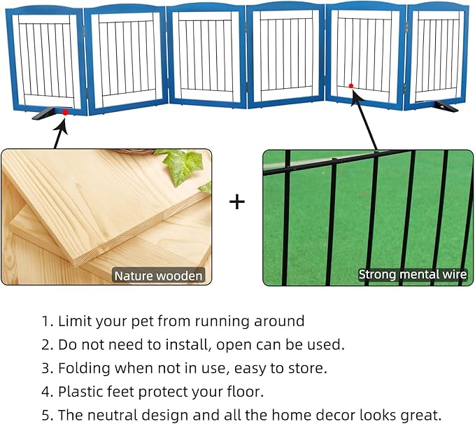 ZJSF Freestanding Dog Fence Indoor, Foldable Dog Gate for Doorways, Stairs or Hallways, Sturdy Wood Extra Wide Pet Gate with Support Feet for The House, Blue, 24 "Height-6 Panels