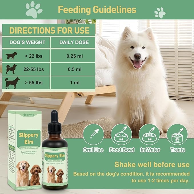 Slippery Elm for Dogs, Organic Slippery Elm Inner Bark Extract Drops for Sensitive Stomach Dogs, Support Digestive Tract Gut Lining Throat Health Bowel Function, Herbal Liquid Formula 2 Fl Oz