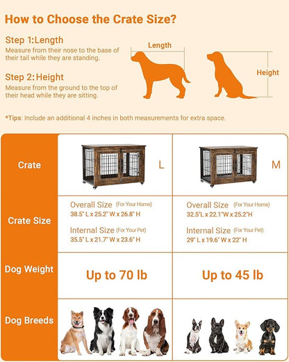 Dog Crate Furniture with Cushion, Large Wooden Dog Kennel Indoor with Double Doors, Dog Cage with Wheels, Dog House Side End Table for Large Medium Dogs up to 70 lb, 38.5” L, Rustic Brown
