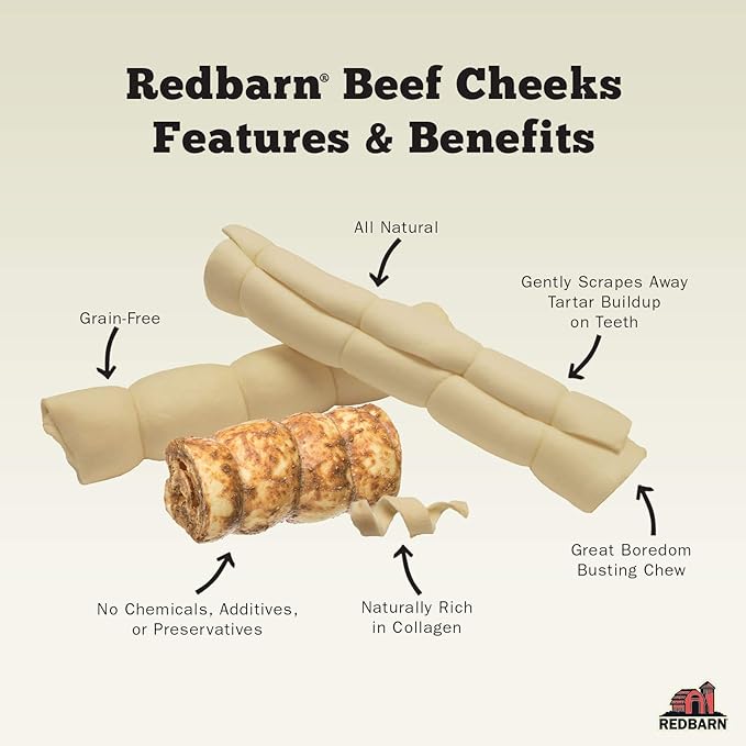 Redbarn Pet Products All-Natural Large Beef Cheek Rolls for Dogs, Uncoated - Single Ingredient Grain-Free Chew Treat Naturally Rich in Collagen - No Artificial Preservatives - Pack of 12