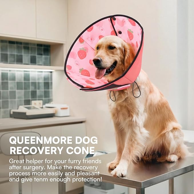 Queenmore Dog Cones for Medium Dogs, Dog Cone Collar After Surgery, Soft Cone for Dogs Wound Care, Spay, Neuter, Breathable Pet Surgery Collars & Cones, Strawberry M