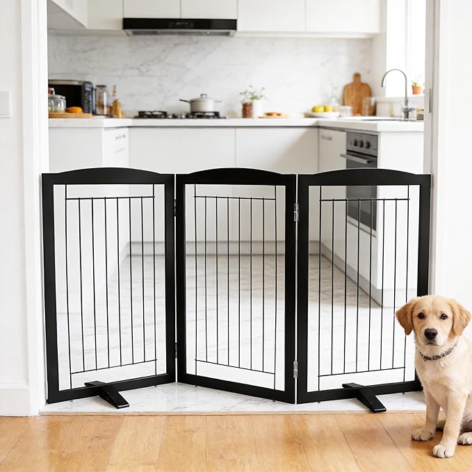 ZJSF Freestanding Dog Fence Indoor, Foldable Dog Gate for Doorways, Stairs or Hallways, Sturdy Wood Extra Wide Pet Gate with Support Feet for The House, Black, 32 "Height-3 Panels