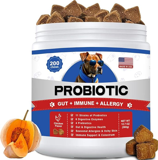 Probiotics for Dogs Gut Digestive Health Probiotic Chews for Dogs with 11 Billion CFUs, 4 Prebiotics, Pumpkin, Salmon Oil & Yogurt Base| Supports Gas, Yeast Balance & Immune, Dog Probiotics 200ct