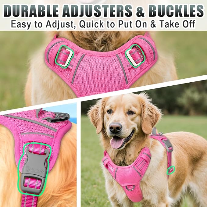 BARKBAY No Pull Dog Harness Large Reflective Dog Harness with Front Clip and Easy Control Handle for Walking Training Running with ID tag Pocket(Pink,M)