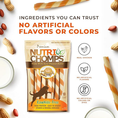 NutriChomps Dog Chews 5-inch Twists, Easy to Digest, Rawhide-Free Dog Treats, 10 Count, Real Peanut Butter Flavor, Bundle of 2, 20 Count, NT063V-2