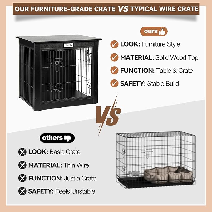 Black Dog Crate Furniture with Reversible Side Door, Wooden Indoor Dog Kennel for Small Medium Dogs, End Table Dog Crate with Double Locks, Heavy Duty Steel Mesh Furniture Style Dog Cage