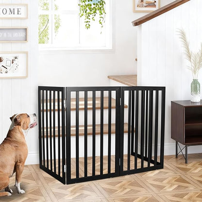 ZJSF Freestanding Indoor Dog Gate for House Foldable Wood Black Puppy Gate for Doorways Pet Gate for Stairs Extra Wide Pet Fence 32" Height 6 Panels