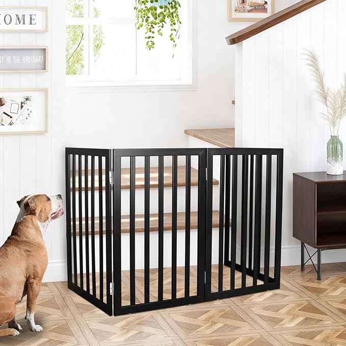 ZJSF Freestanding Indoor Dog Gate for House Foldable Wood Black Puppy Gate for Doorways Pet Gate for Stairs Extra Wide Pet Fence 24" Height 4 Panels