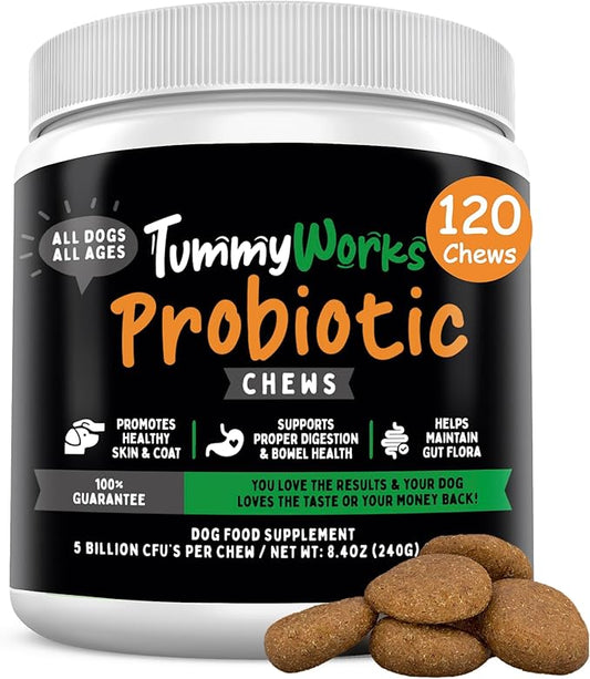 TummyWorks Probiotics for Dogs. 120 Probiotic Soft Chews for Digestive Health, Gut, Immunity, Energy, Allergies, Skin & Coat. 10 Strains, 5 Billion CFUs with 6 Enzymes. Made in USA