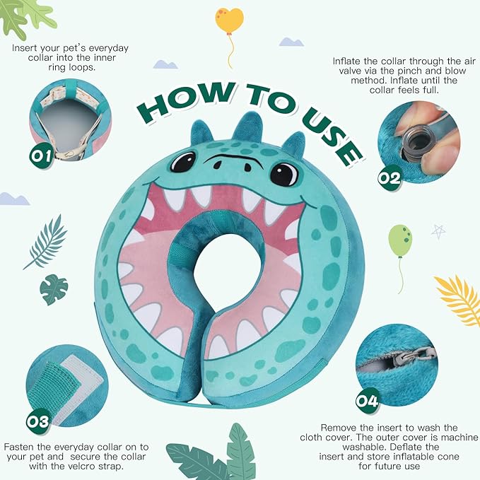 IEUUMLER Inflatable Recovery Dog Collar, Protective Donut Cone, Adjustable Soft Collar for Dog and Cat After Surgery Prevent from Biting & Scratching EU002 - Teal Dinosaur L+